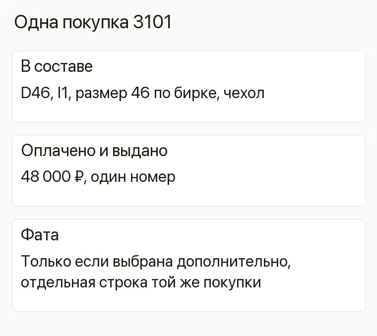 Реклама свадебных платьев: Одна покупка 3101. В составе D46, I1, размер 46 по бирке, чехол Оплачено и выдано 48 000 ₽, один номер Фата Только если выбрана дополнительно, отдельная строка той же покупки .