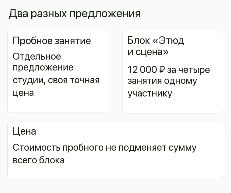 Реклама театральной студии: Два разных предложения. Пробное занятие Отдельное предложение студии, своя точная цена Блок «Этюд и сцена» 12 000 ₽ за четыре занятия одному участнику Цена Стоимость пробного не подменяет сумму всего блока .
