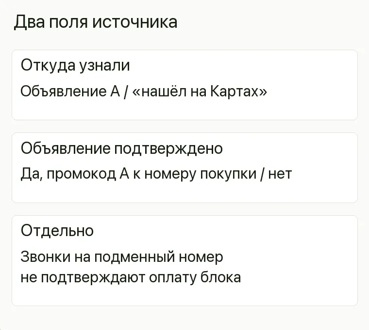 Реклама театральной студии: Два поля источника. Откуда узнали Объявление А / «нашёл на Картах» Объявление подтверждено Да, промокод А к номеру покупки / нет Отдельно Звонки на подменный номер не подтверждают оплату блока .