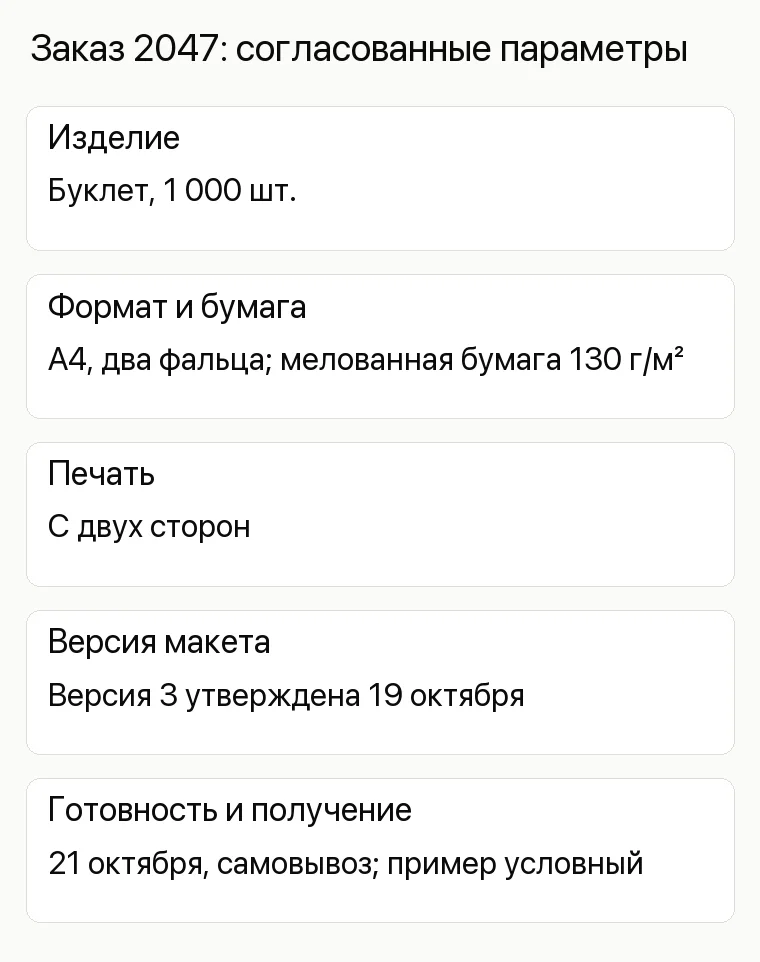 Реклама типографии: Заказ 2047: согласованные параметры. Изделие Буклет, 1 000 шт. Формат и бумага A4, два фальца; мелованная бумага 130 г/м² Печать С двух сторон Версия макета Версия 3 утверждена 19 октября Готовность и получение 21 октября, самовывоз; пример условный
