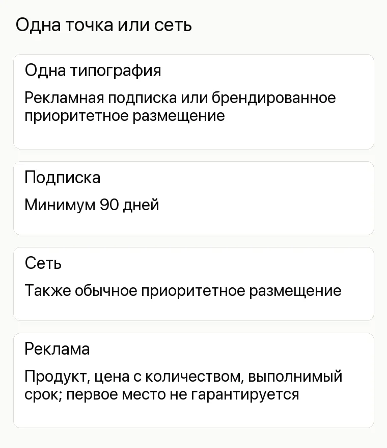 Реклама типографии: Одна точка или сеть. Одна типография Рекламная подписка или брендированное приоритетное размещение Подписка Минимум 90 дней Сеть Также обычное приоритетное размещение Реклама Продукт, цена с количеством, выполнимый срок; первое место не гарантируется