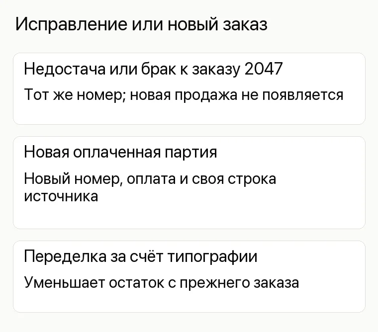 Реклама типографии: Исправление или новый заказ. Недостача или брак к заказу 2047 Тот же номер; новая продажа не появляется Новая оплаченная партия Новый номер, оплата и своя строка источника Переделка за счёт типографии Уменьшает остаток с прежнего заказа