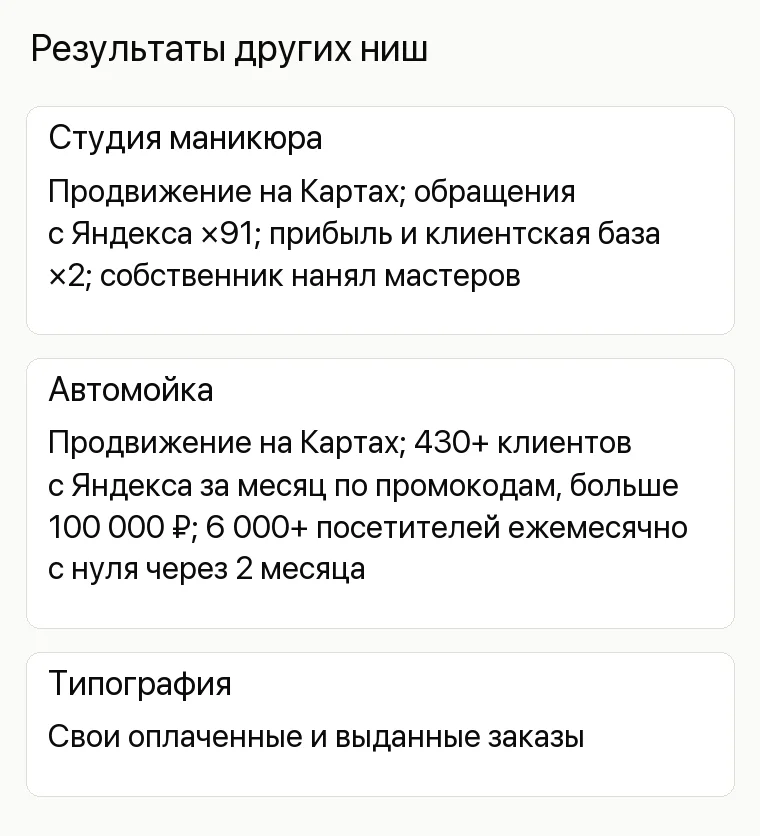 Реклама типографии: Результаты других ниш. Студия маникюра Продвижение на Картах; обращения с Яндекса ×91; прибыль и клиентская база ×2; собственник нанял мастеров Автомойка Продвижение на Картах; 430+ клиентов с Яндекса за месяц по промокодам, больше 100 000 ₽; 6 000+ посетителей ежемесячно с нуля через 2 месяца Типография Свои оплаченные и выданные заказы