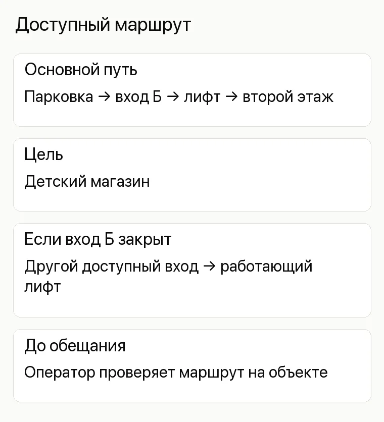 Продвижение торгового центра: Доступный маршрут. Основной путь Парковка → вход Б → лифт → второй этаж Цель Детский магазин Если вход Б закрыт Другой доступный вход → работающий лифт До обещания Оператор проверяет маршрут на объекте