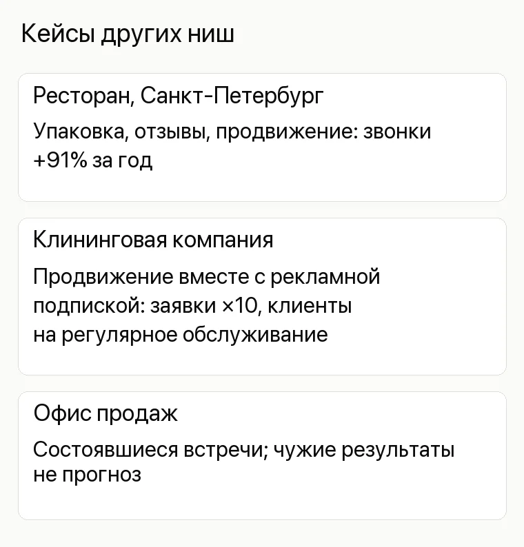 Реклама застройщика: Кейсы других ниш. Ресторан, Санкт-Петербург Упаковка, отзывы, продвижение: звонки +91% за год Клининговая компания Продвижение вместе с рекламной подпиской: заявки ×10, клиенты на регулярное обслуживание Офис продаж Состоявшиеся встречи; чужие результаты не прогноз